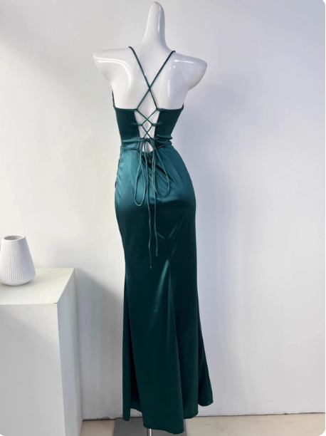 Simple Green Mermaid Pleated Crisscross Sash Slit Satin Long Prom Dress Evening Dress Bridesmaid Dress