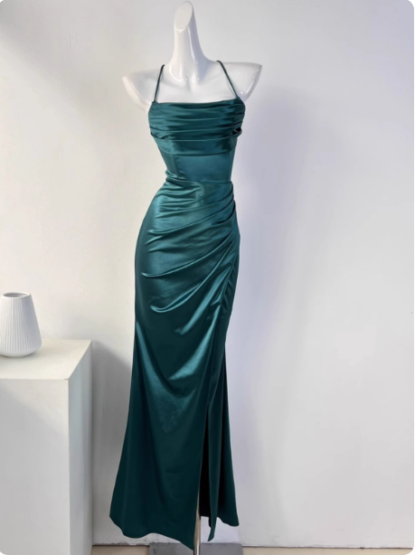 Simple Green Mermaid Pleated Crisscross Sash Slit Satin Long Prom Dress Evening Dress Bridesmaid Dress Main image