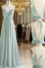 Simple Green V Neck Chiffon Lace Long Prom Dress Lace Bridesmaid Dress