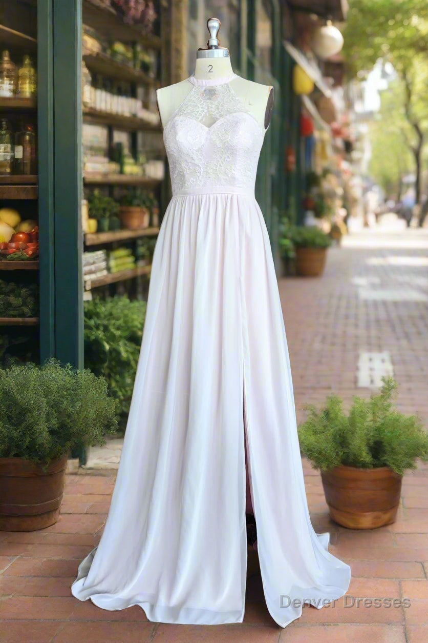 Simple Halter Lace Long Bridesmaid Dresses with Split Main image