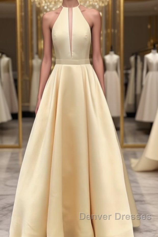 Simple Halter Yellow Satin Long Prom Dress 2019, Yellow Formal Dress Long Evening Dress