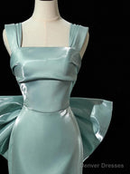 Simple hydra Satin Bow Tie Green Long Prom Dress, Green Long Formal Dress