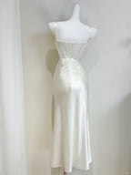 Simple Ivory Mermaid Square Neck Strapless Pleated Satin Prom Dress Evening Dress Bridesmaid Dress