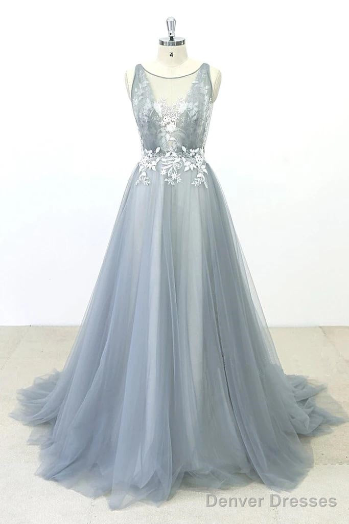 Simple Lace A-Line Tulle Long Prom Dress With A Train Main image