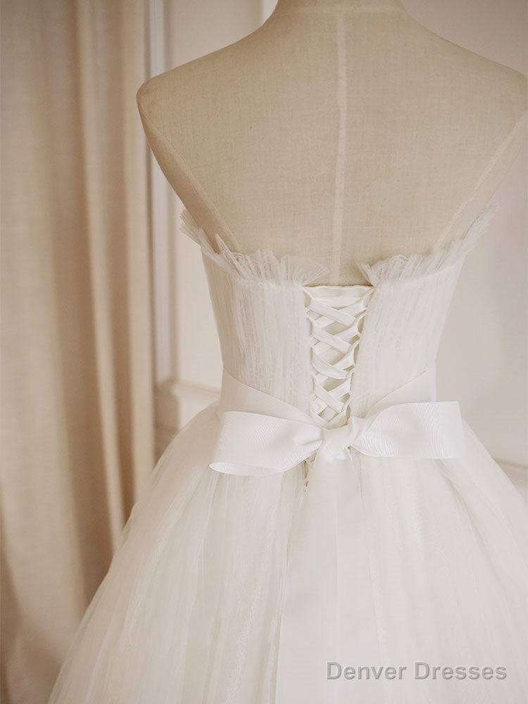 Simple  Lace Tea Length White Prom Dress, Tulle Lace Bridesmaid Dress