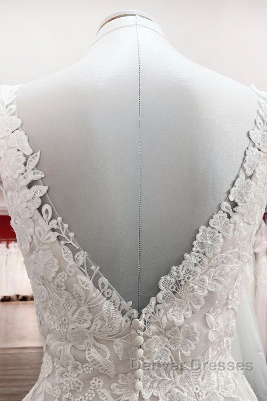Simple Long A-line Tulle Lace V Neck Appliques Lace Open Back Wedding Dress