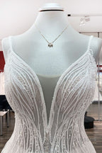 Simple Long V-neck Sequins Ruffles A-line Tulle Backless Wedding Dress