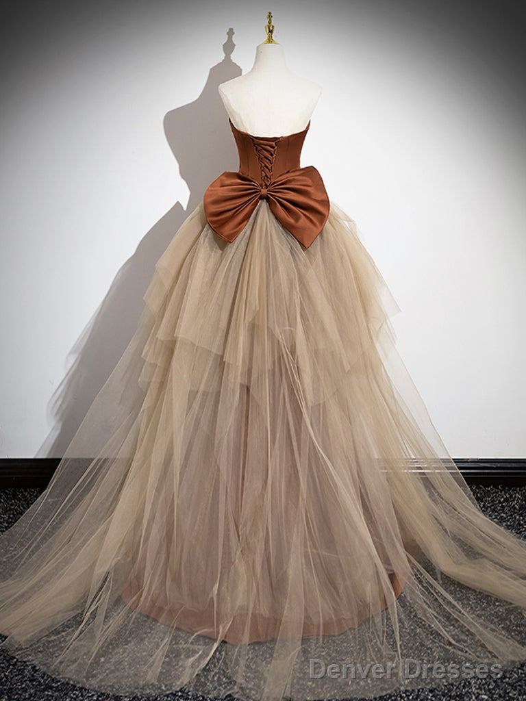 Simple Mermaid Brown/Champagne Satin Tulle Long Prom Dress, Brown Long Evening Dress