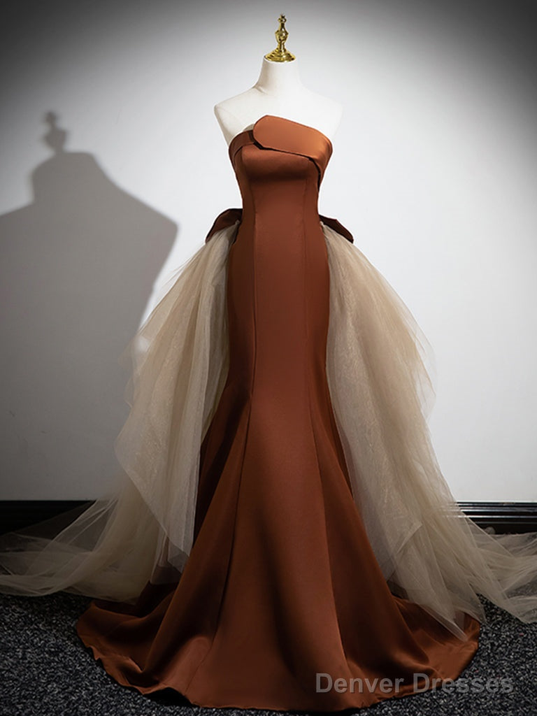 Simple Mermaid Brown/Champagne Satin Tulle Long Prom Dress, Brown Long Evening Dress Main image