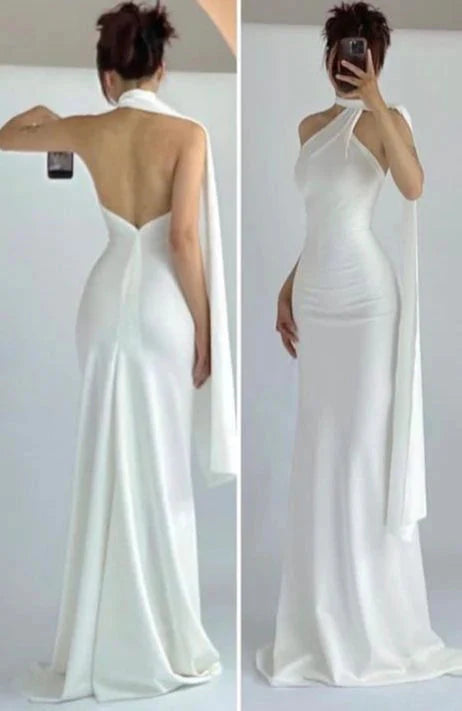 Simple Mermaid High Neckline White Party Dress Long Prom Dress,