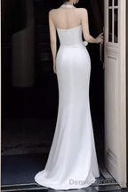 Simple Mermaid Halter Long White Prom Dresses
