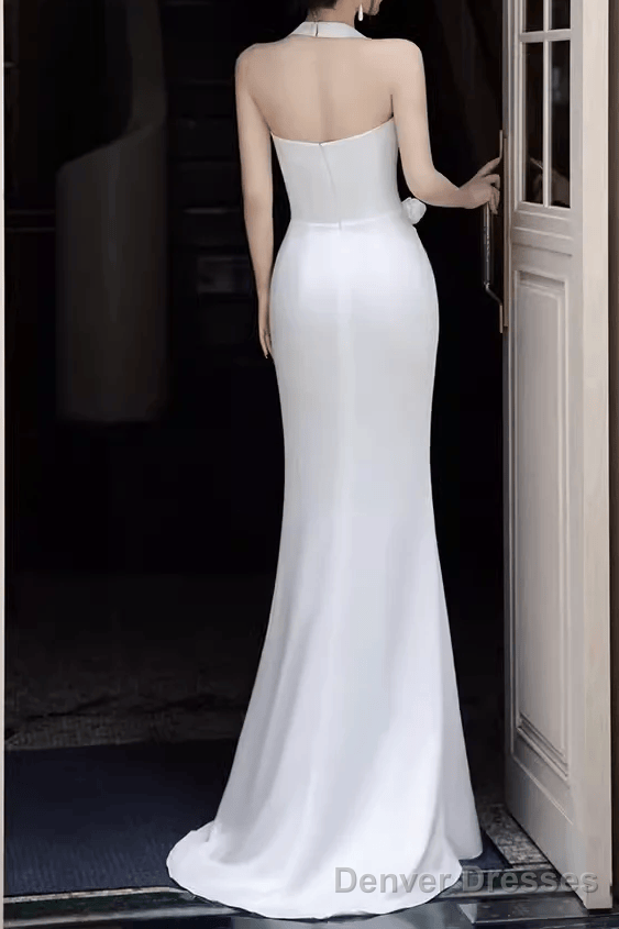 Simple Mermaid Halter Long White Prom Dresses Secondary image