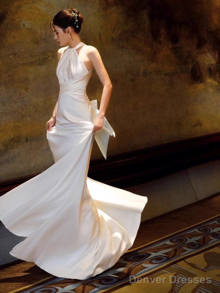 Simple Mermaid Halter Party Dresses Long White Prom Dresses