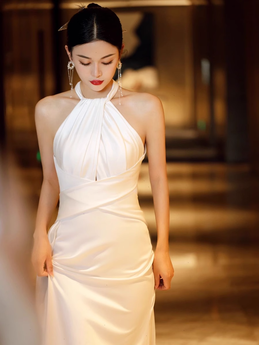 Simple Mermaid Halter Party Dress Long White Prom Dress