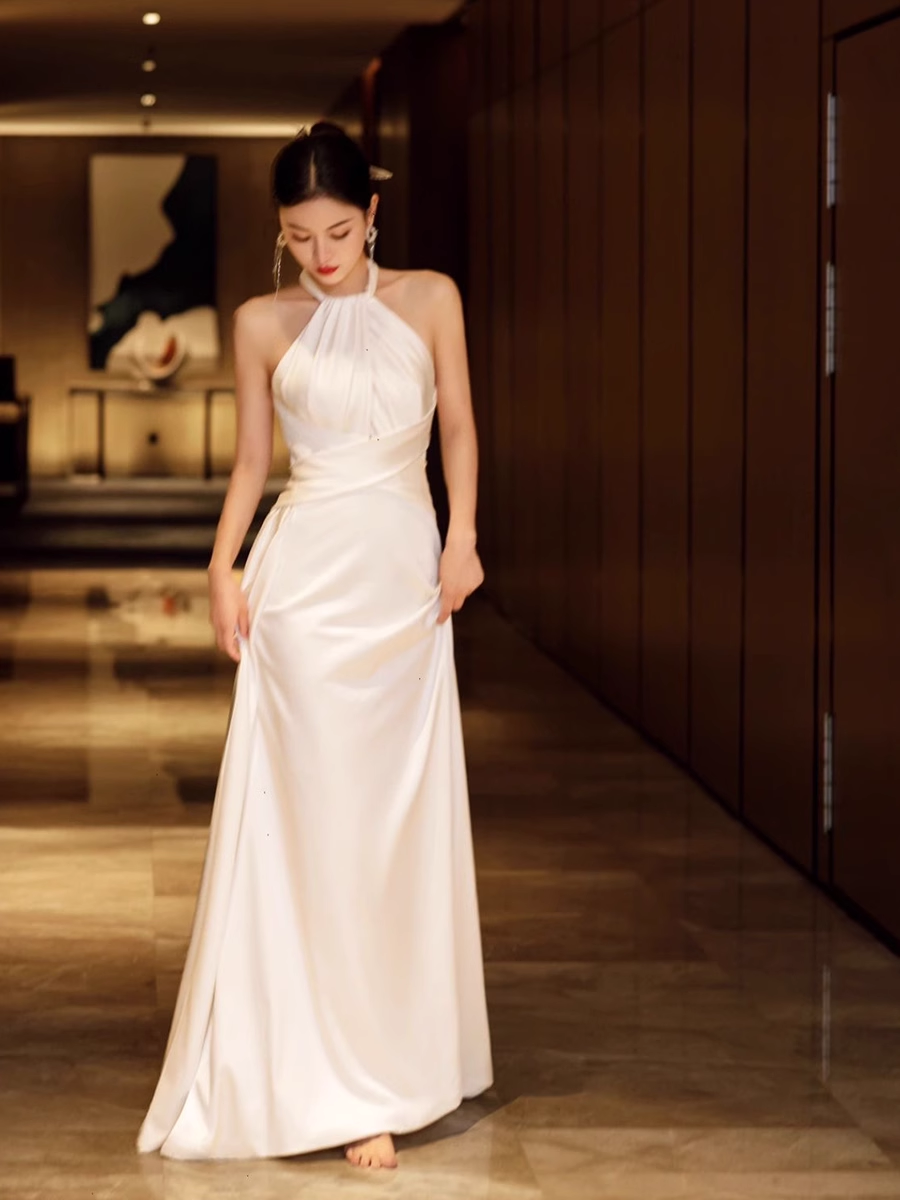 Simple Mermaid Halter Party Dress Long White Prom Dress