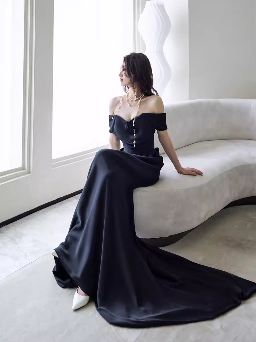 Simple Mermaid Off The Shoulder Black Prom Dress Evening Dress