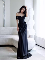 Simple Mermaid Off The Shoulder Black Prom Dress Evening Dress