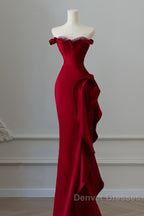 Simple Mermaid Off The Shoulder Neckline Burgundy Sequin Long Party Dress Prom Dress