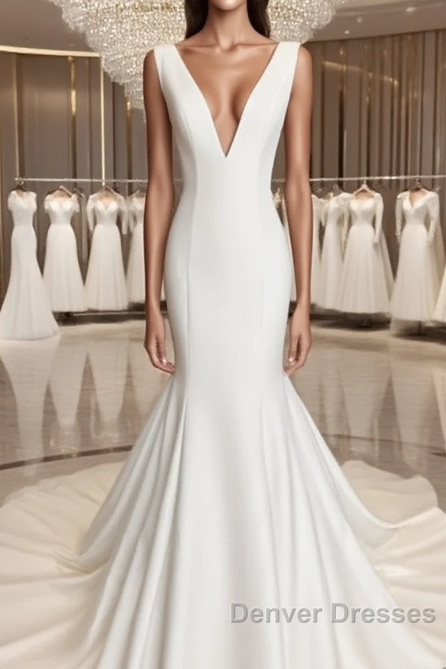 Simple Mermaid Plunge Neck Wedding Dress