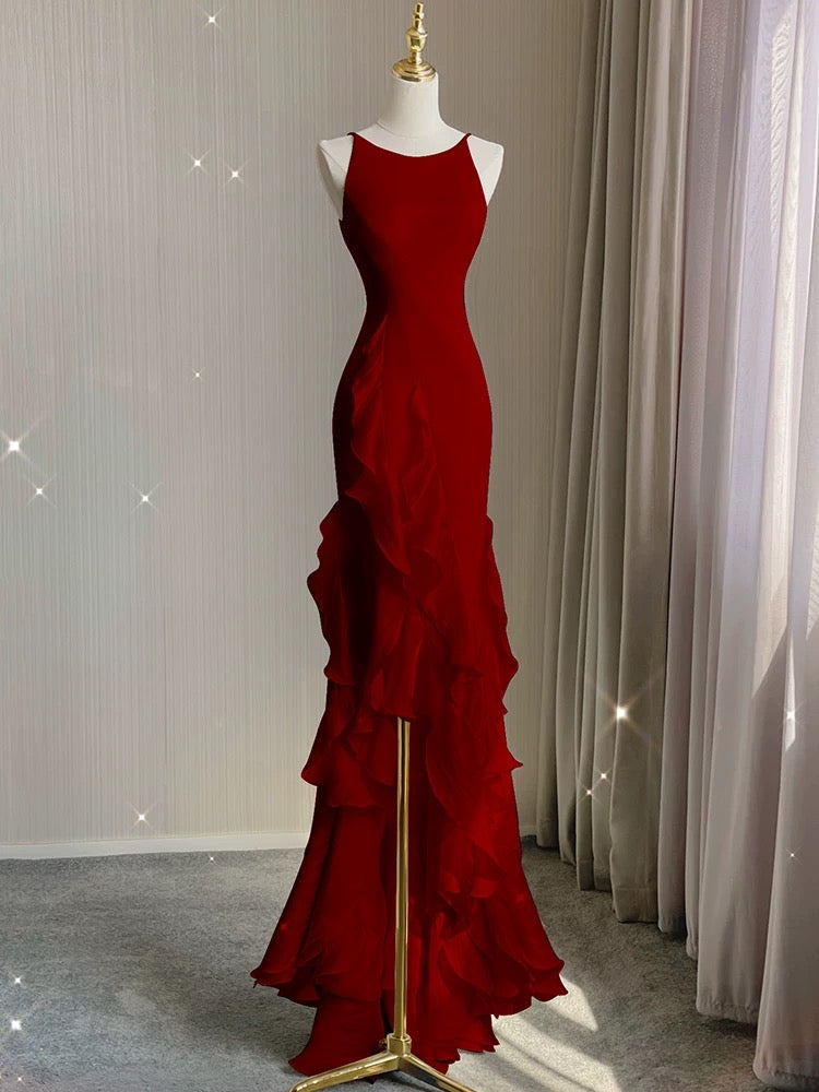 Simple Mermaid Prom Gown With Ruffles Spaghetti Straps Backless Prom Dress For Date