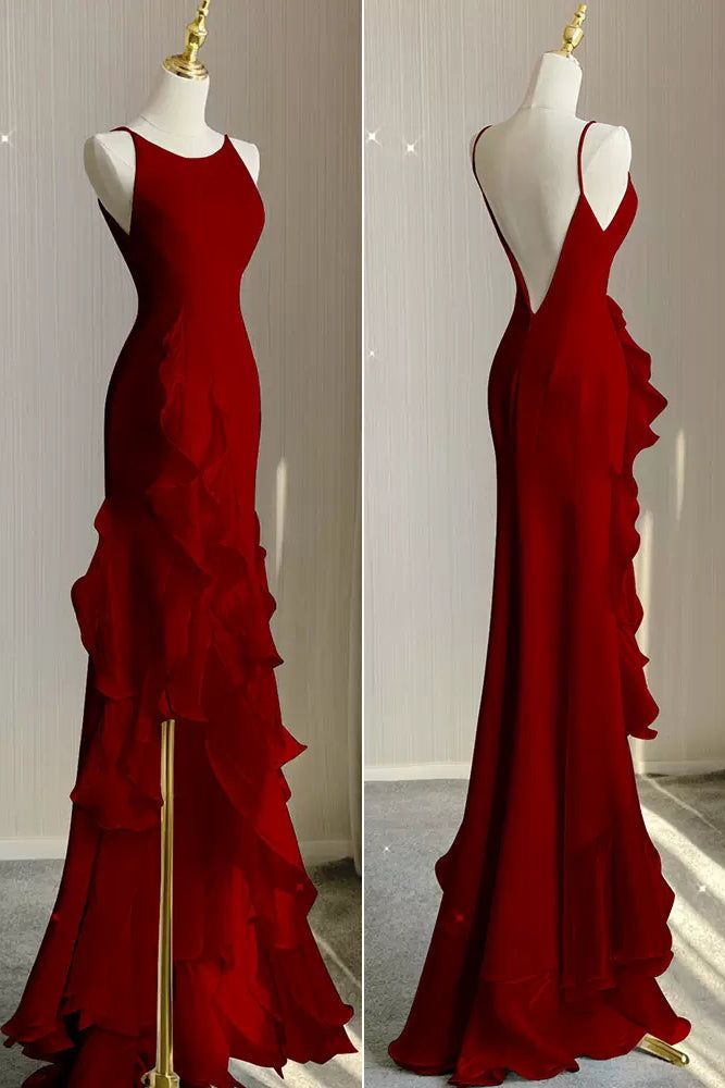 Simple Mermaid Prom Gown With Ruffles Spaghetti Straps Backless Prom Dress For Date