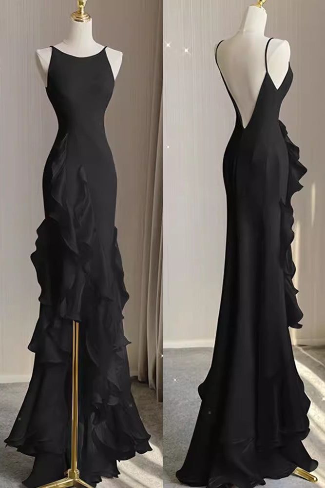 Simple Mermaid Prom Gown With Ruffles Spaghetti Straps Backless Prom Dress For Date Main image