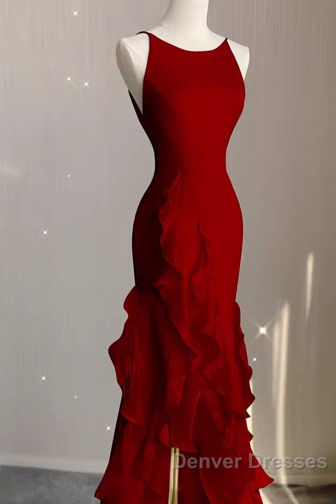 Simple Mermaid Red Chiffon Long Prom Dress