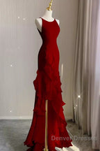 Simple Mermaid Red Chiffon Long Prom Dress