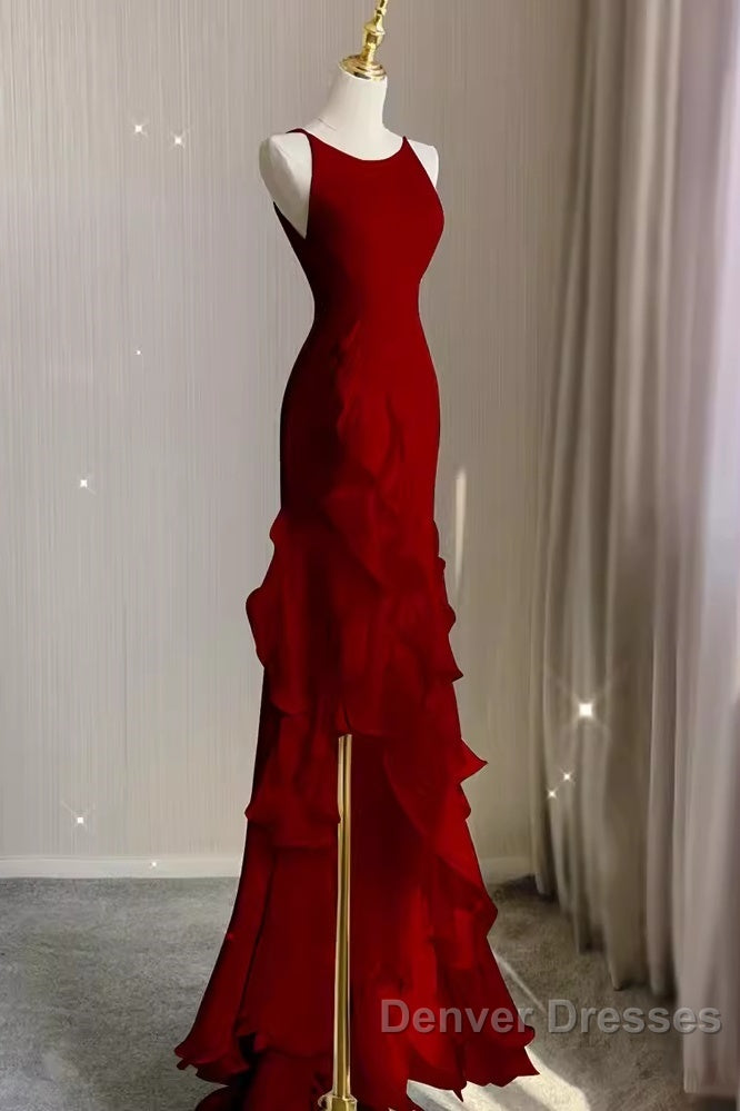 Simple Mermaid Red Chiffon Long Prom Dress