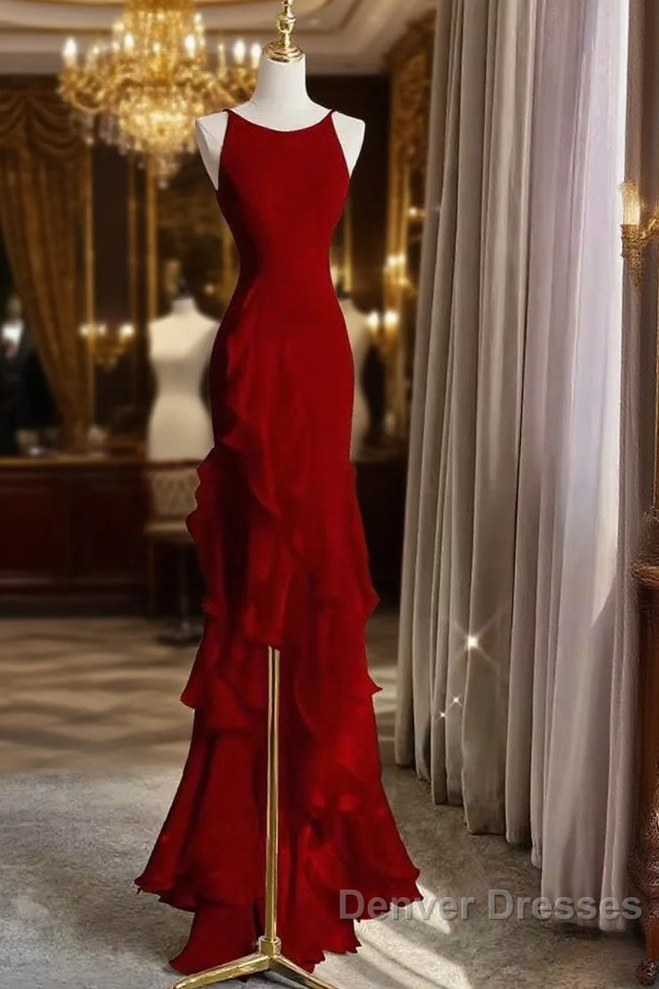 Simple Mermaid Red Chiffon Long Prom Dress Main image