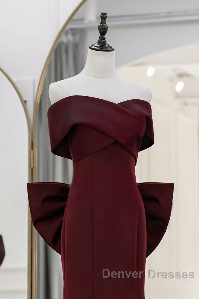 Simple Mermaid Satin Burgundy Long Prom Dress, Burgundy Long Formal Dress