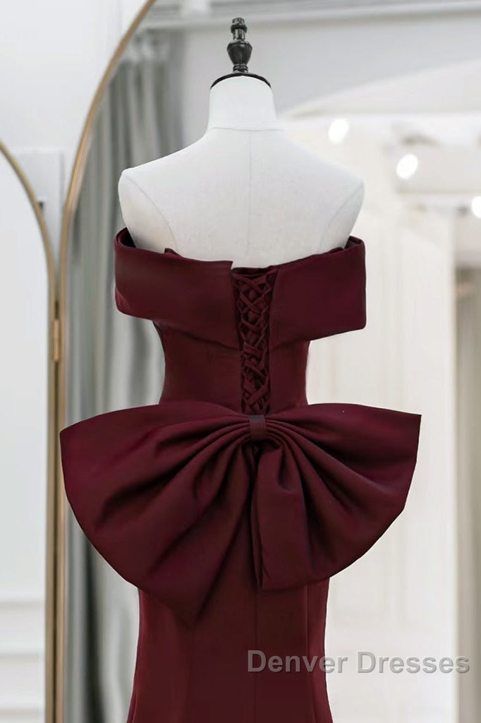 Simple Mermaid Satin Burgundy Long Prom Dress, Burgundy Long Formal Dress