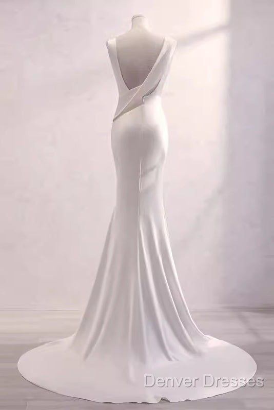 Simple Mermaid Satin White Long Wedding Dress Brides Dress