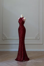 Simple Mermaid Scoop Neckline Burgundy Sequin Long Party Dress Prom Dress