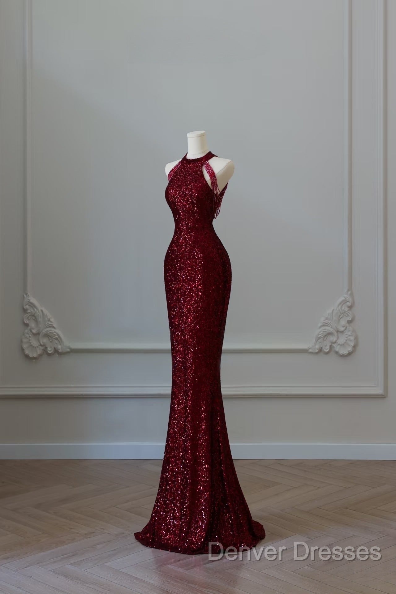 Simple Mermaid Scoop Neckline Burgundy Sequin Long Party Dress Prom Dress