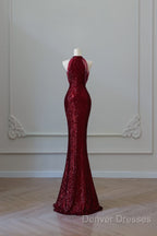 Simple Mermaid Scoop Neckline Burgundy Sequin Long Party Dress Prom Dress