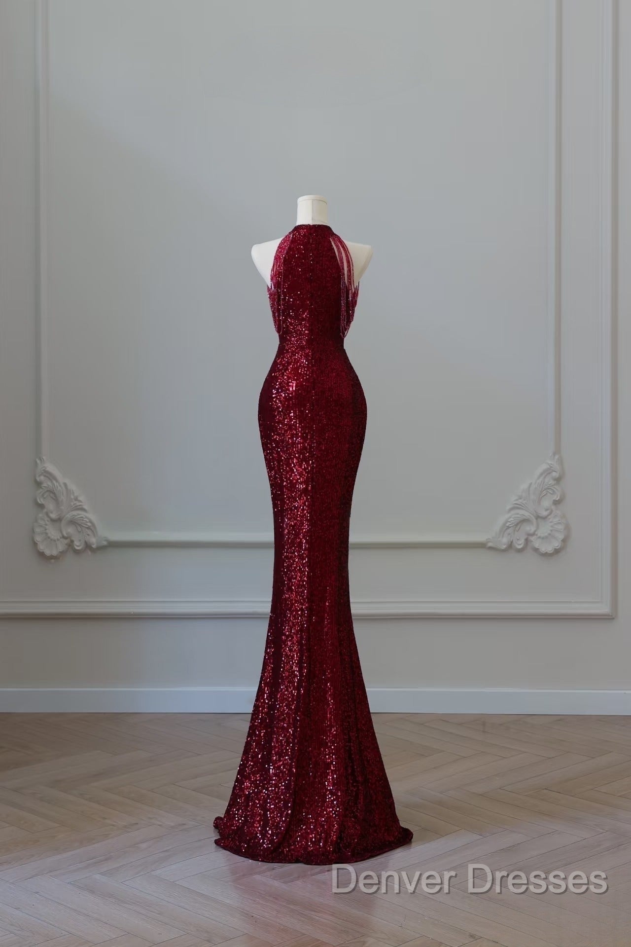 Simple Mermaid Scoop Neckline Burgundy Sequin Long Party Dress Prom Dress