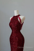 Simple Mermaid Scoop Neckline Burgundy Sequin Long Party Dress Prom Dress