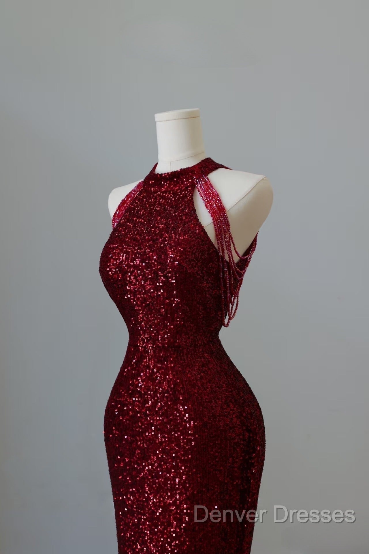 Simple Mermaid Scoop Neckline Burgundy Sequin Long Party Dress Prom Dress