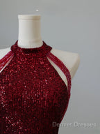Simple Mermaid Scoop Neckline Burgundy Sequin Long Party Dress Prom Dress