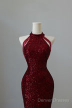 Simple Mermaid Scoop Neckline Burgundy Sequin Long Party Dress Prom Dress