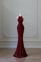 Simple Mermaid Scoop Neckline Burgundy Sequin Long Party Dress Prom Dress
