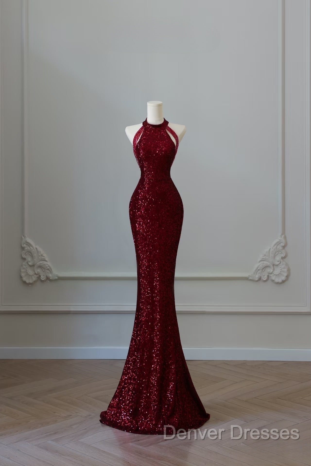 Simple Mermaid Scoop Neckline Burgundy Sequin Long Party Dress Prom Dress
