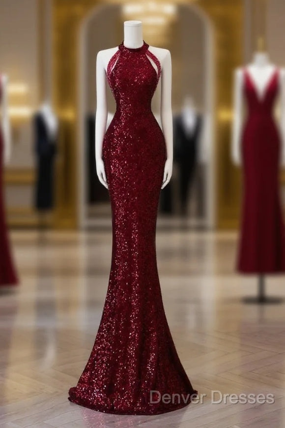 Simple Mermaid Scoop Neckline Burgundy Sequin Long Party Dress Prom Dress Main image