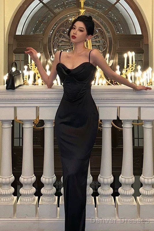 Simple Mermaid Spaghetti Straps Black Ankle Length Prom Dresses Birthday Outfits