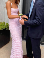 Simple Mermaid Spaghetti Straps Floor Length Sleeveless Pink Prom Dress