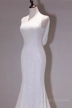 Simple Mermaid Spaghetti Straps Sequin White Long Wedding Dress