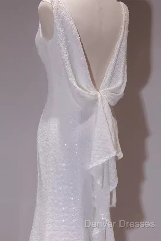 Simple Mermaid Spaghetti Straps Sequin White Long Wedding Dress