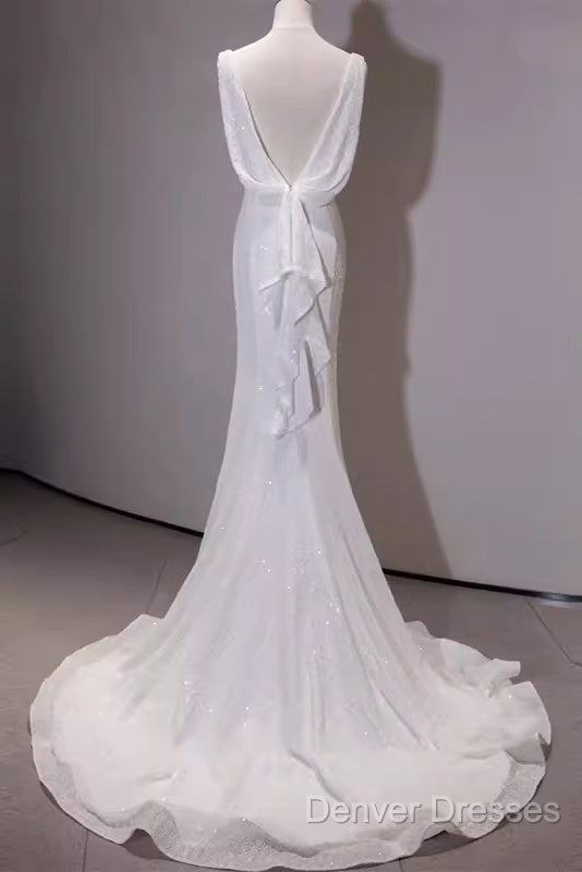 Simple Mermaid Spaghetti Straps Sequin White Long Wedding Dress