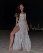 Simple Mermaid Strapless Floor Length Sleeveless Sequin Prom Dress